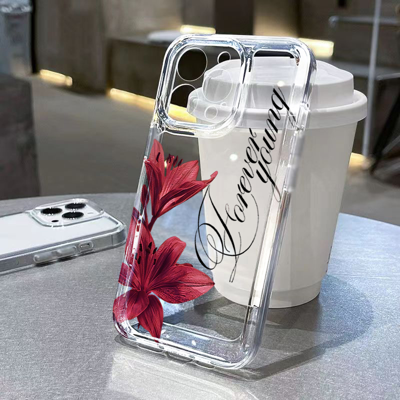 Phone Cases Art - バーガンディカラーのユリ柄と英字デザインのiPhone用ケース。対応機種：iPhone 18、17、16、15、14、13、12、11 Pro Max、XS、X、XR、7、8 Plus、17E、Air Cover。