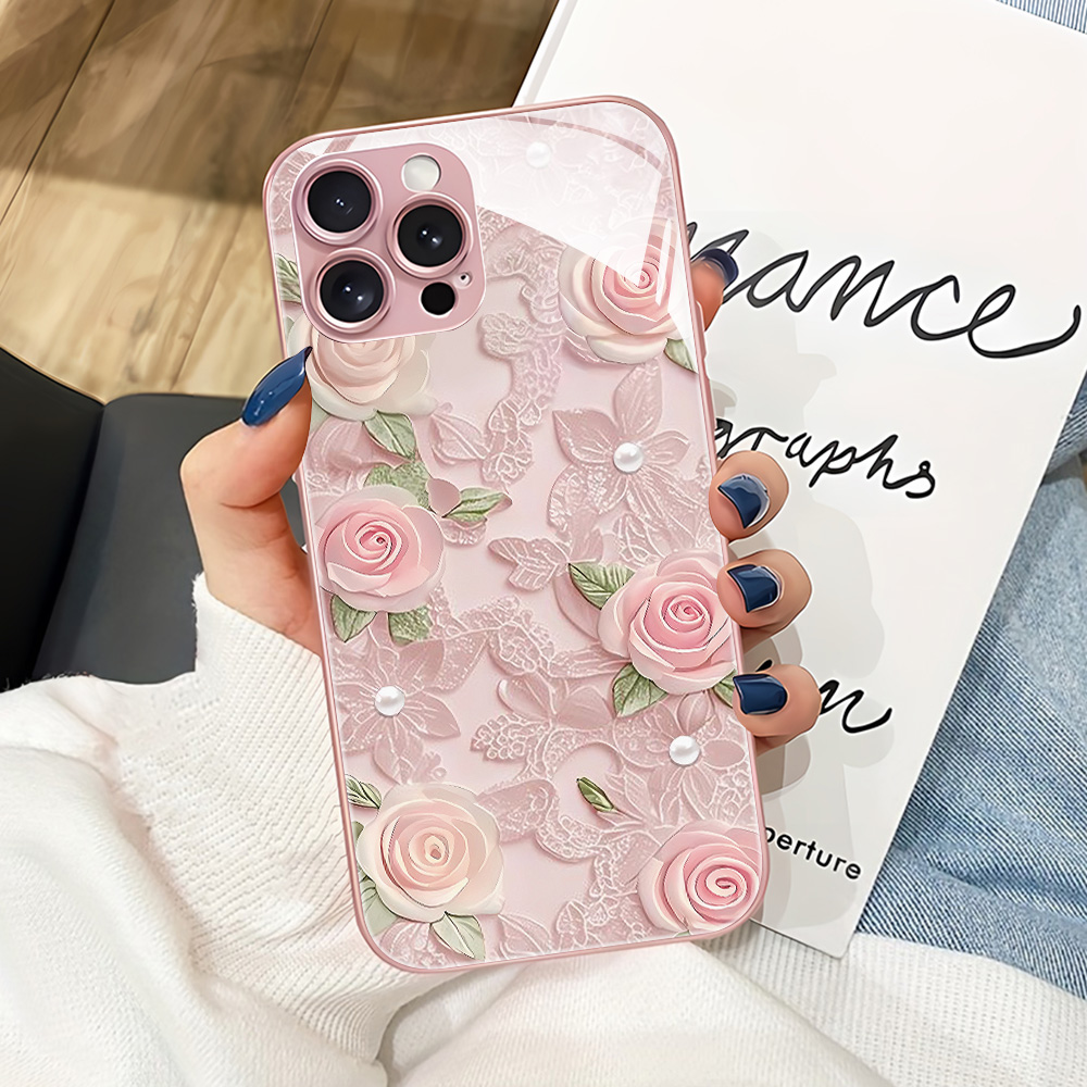 Phone Cases Pink - ピンクの花柄強化ガラス製スマホケース Samsung S26 Ultra S25 S24