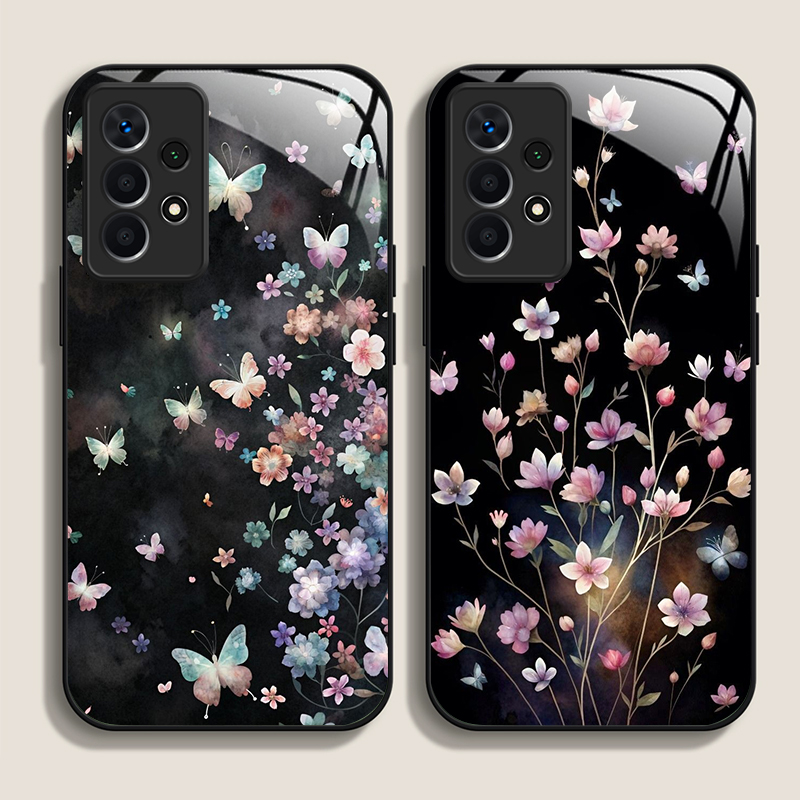 Phone Cases Art - ヴィンテージ風花柄蝶々フラワーデザイン強化ガラス製スマホケース Samsung Galaxy A56 A72 A55