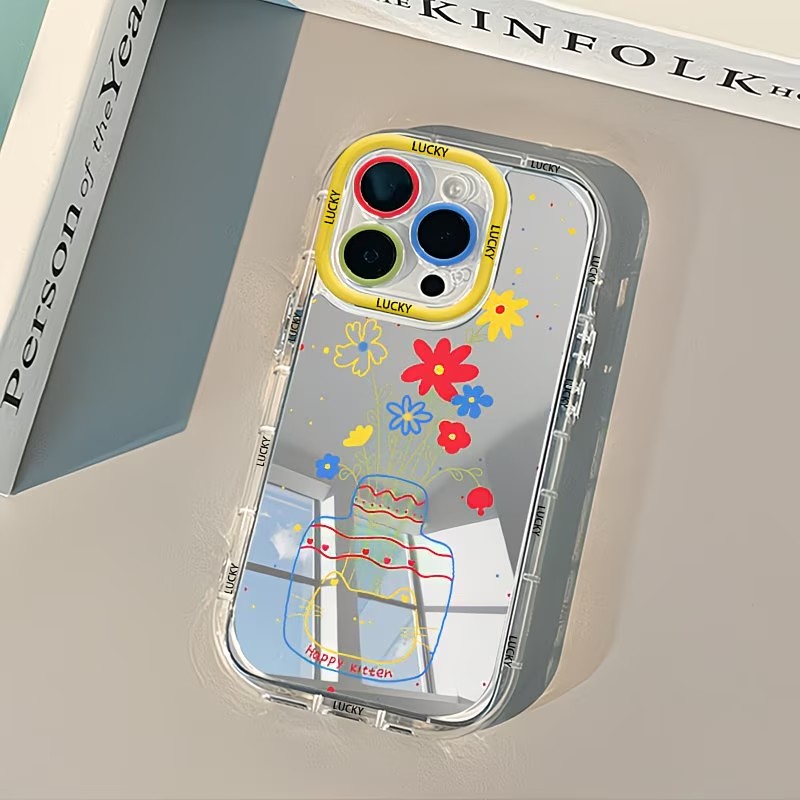 Phone Cases Xr Cute - 夏のデイジー柄猫花瓶デザインミラー付きスマホケース iPhone 17 13 11 12