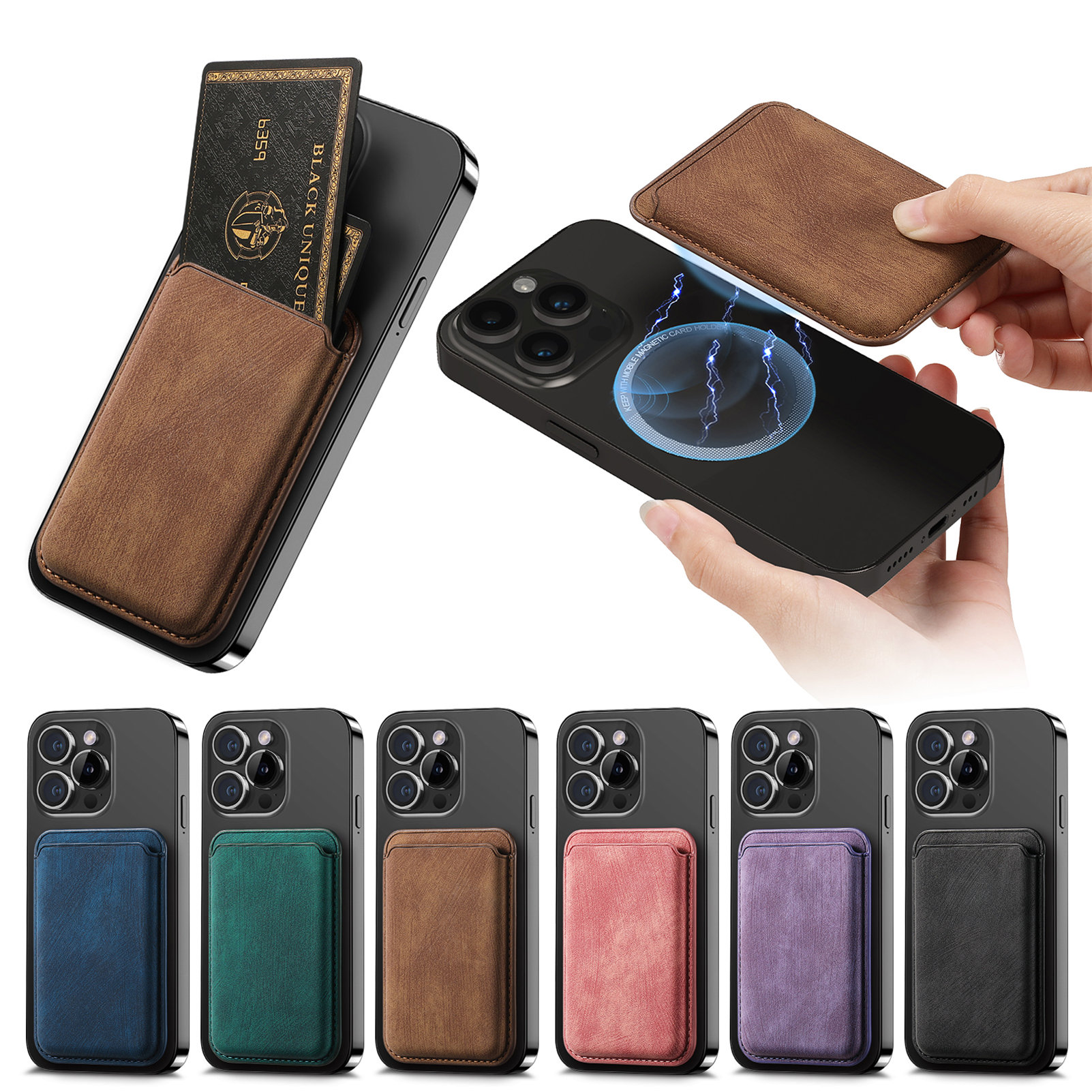 Phone Cases That Hold Cards - レトロマットPUレザーカードバッグ、マグセーフ磁気テープ接着剤、磁気鉄リング、携帯電話ケース、ユニバーサルカードウォレットに適しています