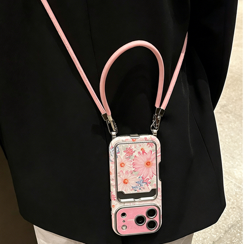 Phone Cases That Hold Cards - ピンクの花柄フェイクレザー風カードホルダー付きスマホケース、クロスボディストラップ付き、iPhone 16、15、14、13、12、11 Pro Max対応