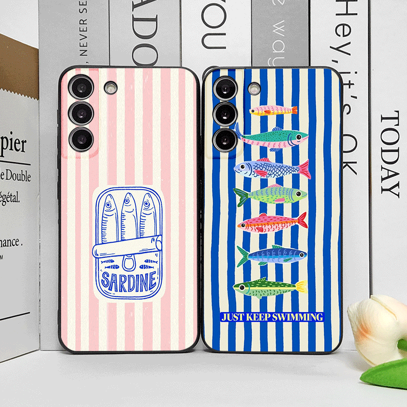 Phone Cases Silicone - 可愛いストライプ柄のイワシカラーの面白い魚柄スマホケース OPPO Reno 13 12 F