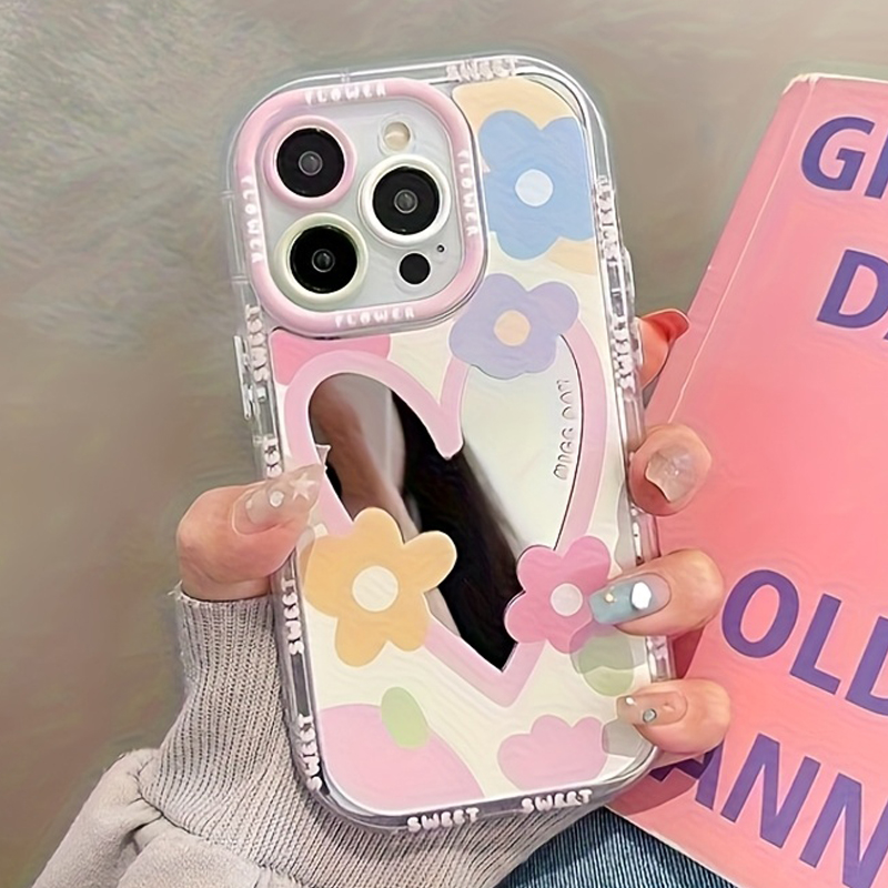 Phone Cases Xr Cute - 韓国風カラーのかわいい花柄ミラー付きスマホケース iPhone 11 16 17 13