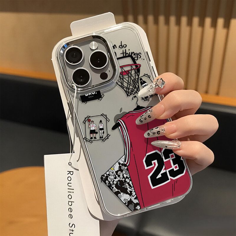 Phone Cases Jersey - クールな赤いバスケットボールジャージ柄のiPhone 18、17、16 Pro Max、14、12、13 Pro Max、18、17、11用スマホケース。指紋がつきにくいシリコン製。