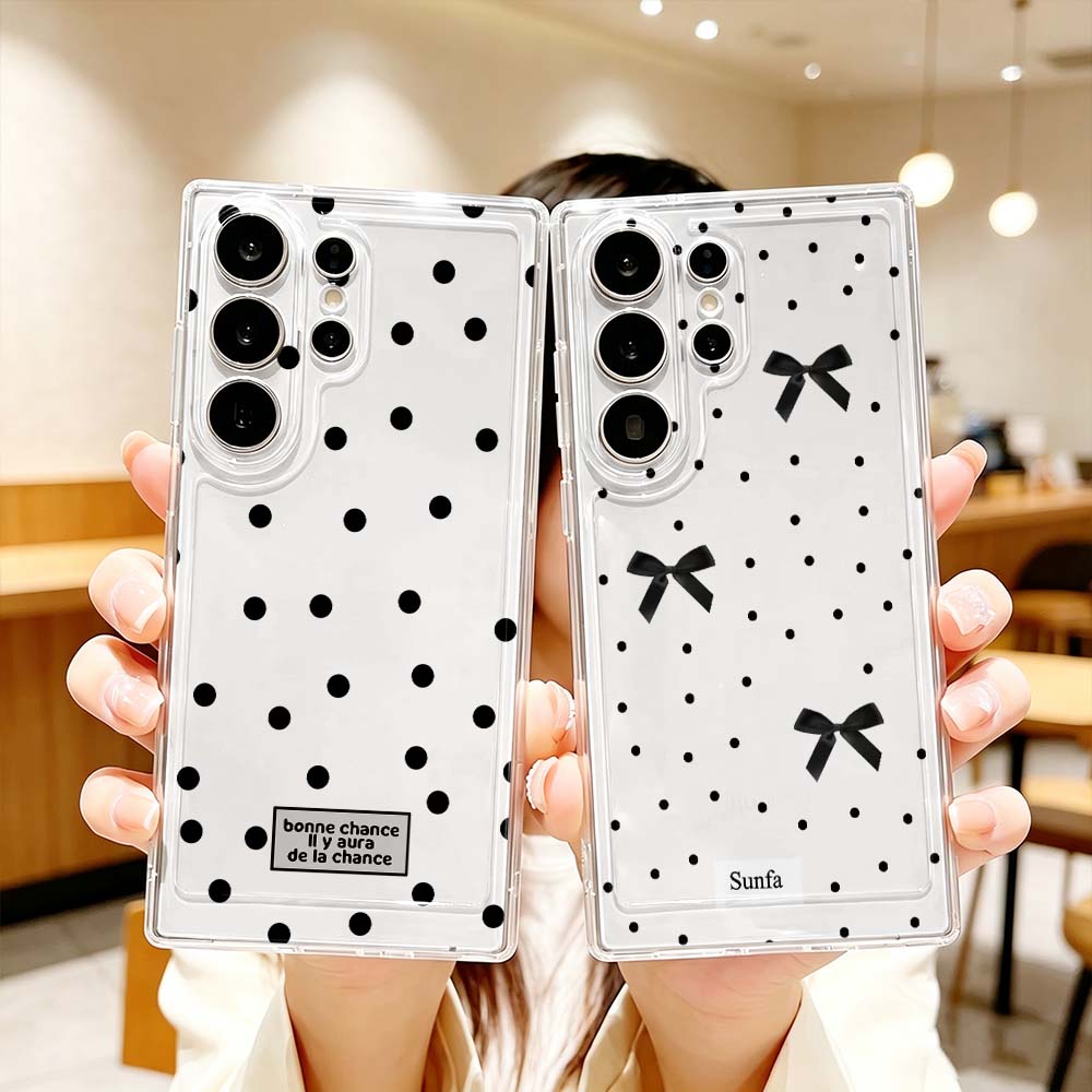 Phone Cases For Samsung S21 5G - 黒の水玉模様リボン付きスマホケース、Samsung Galaxy S26 S25 S24 S23
