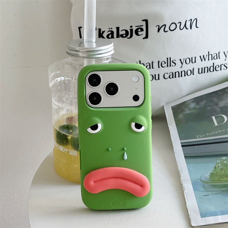 Phone Cases Quirky - 韓国の3D面白いカエルの漫画ソーセージ口型スタンド付きiPhoneケース（iPhone 13、14、15、16、17 Pro Max対応）ソフトシリコン耐衝撃カバー