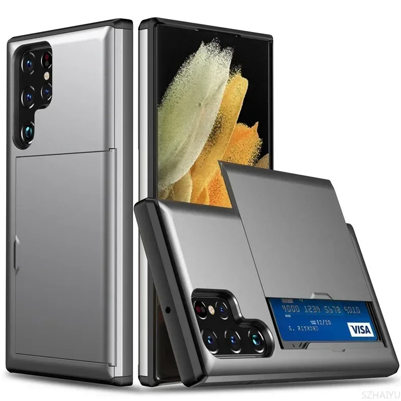 Phone Cases That Hold Cards - 新耐衝撃ソリッドカラースライド式カードホルダー付きスマホケース、Samsung Galaxy S26 S25 S24 S23