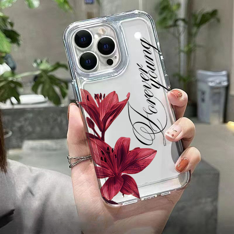 バーガンディカラーのユリ柄と英字デザインのiPhone用ケー - Phone Cases Art のレビューと価格
