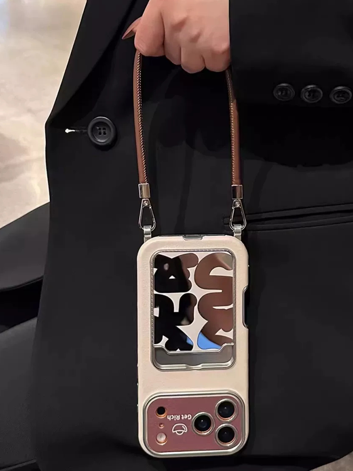 高級レザーミラーカードホルダー付きリストストラップ付きiPh - Phone Cases That Hold Cards のレビューと価格
