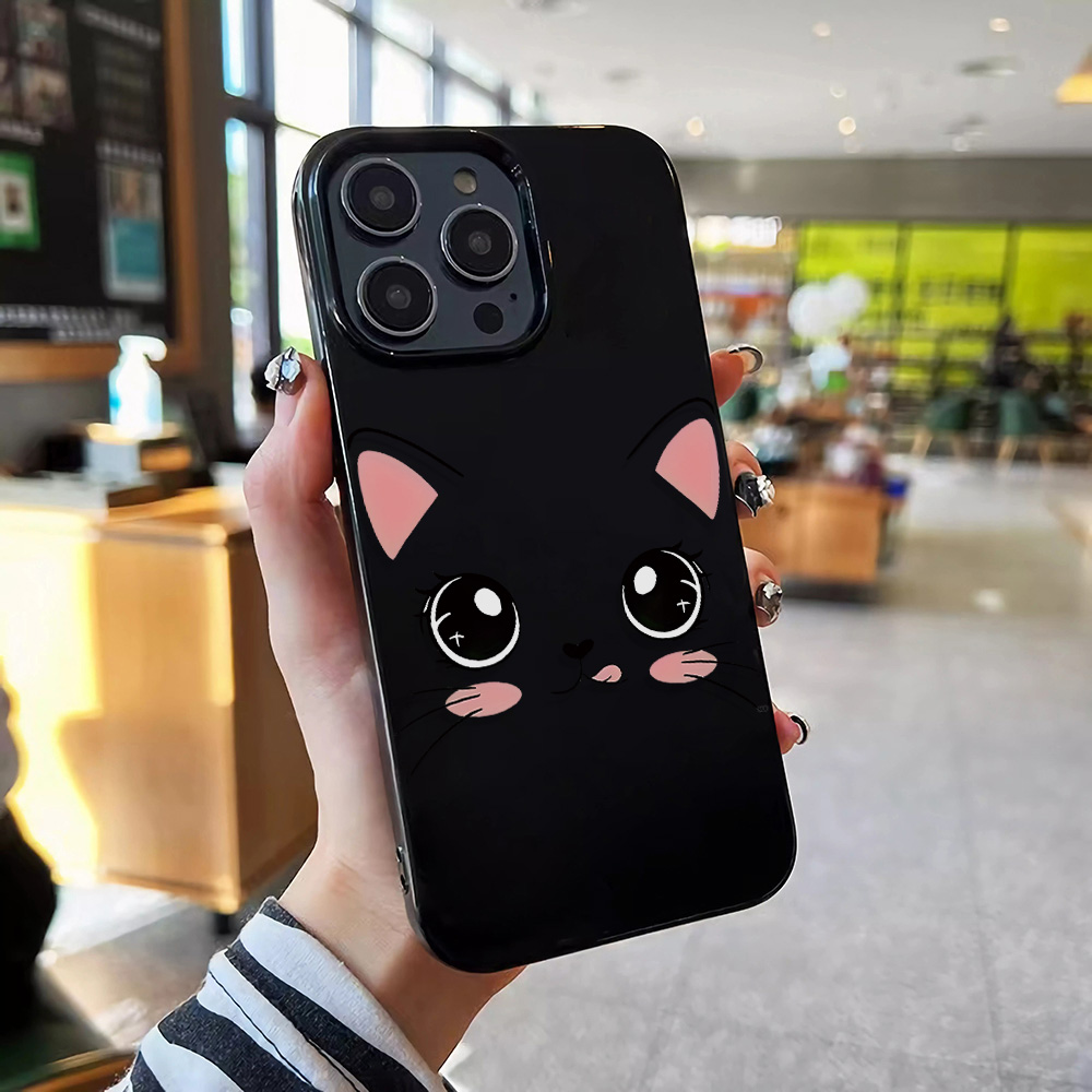 かわいい黒猫の顔が描かれたTPUソフトケース、大きなカメラ付 - Phone Cases That Cover The Camera のレビューと価格