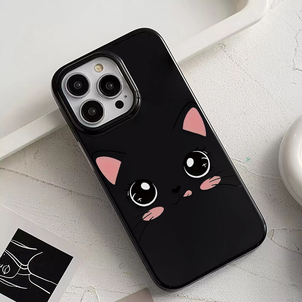 かわいい黒猫の顔が描かれたTPUソフトケース、大きなカメラ付 - Phone Cases That Cover The Camera のレビューと価格