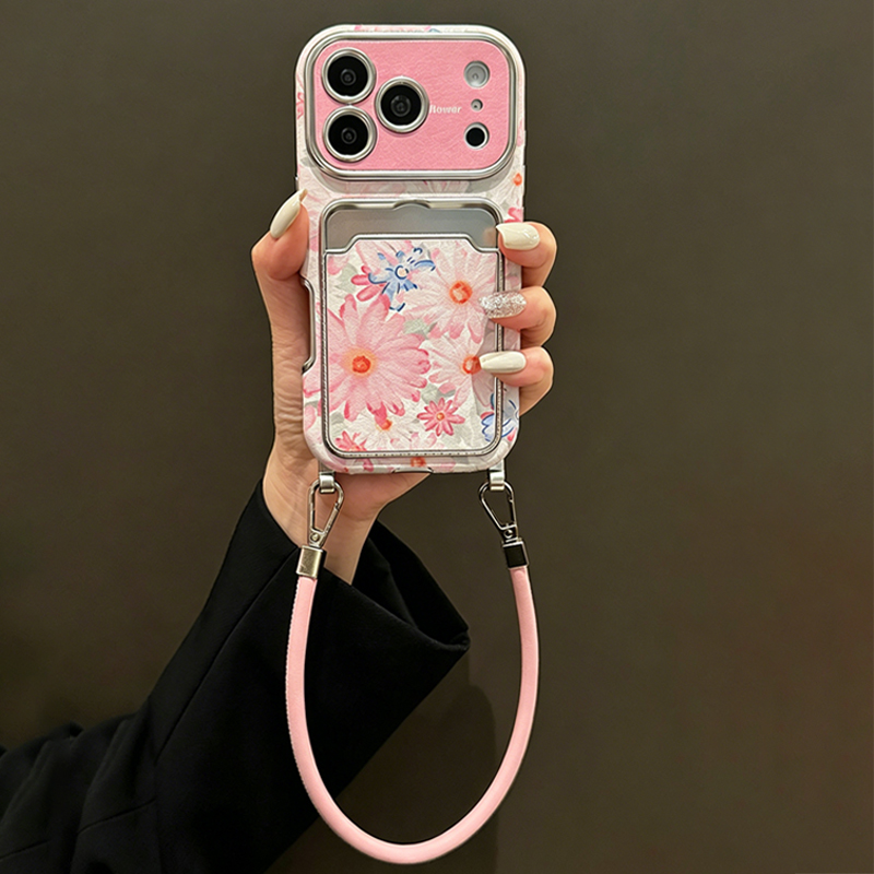 ピンクの花柄フェイクレザー風カードホルダー付きスマホケース、 - Phone Cases That Hold Cards のレビューと価格