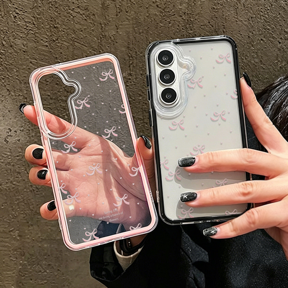 可愛いピンクのリボン付きソフトフォンケース Samsung  - Phone Cases That Cover The Camera のレビューと価格