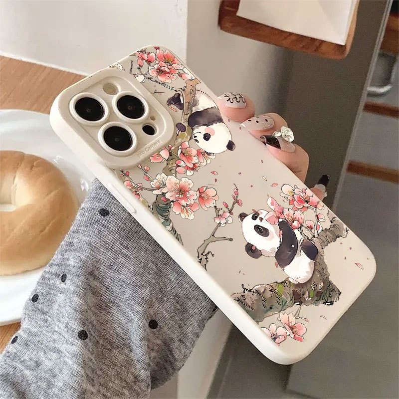 かわいいパンダ柄の桜模様のカメラ保護カバー付きiPhoneケ - Phone Cases That Cover The Camera のレビューと価格